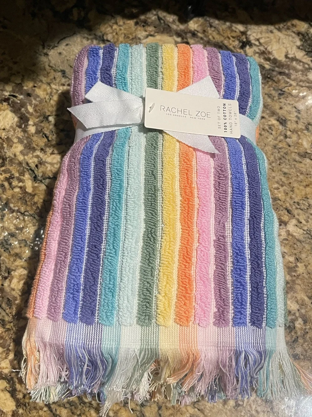 Rachel Zoe striped fringed 100% Cotton Hand Towel set of (2) 18”x28”” -Brand new
